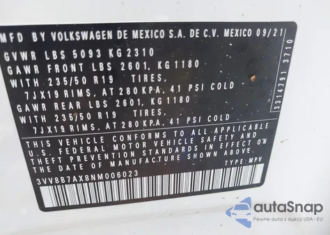 2022 Volkswagen Tiguan 2.0T Se R-Line Black from USA, damaged, VIN 3VV8B7AX8NM006023